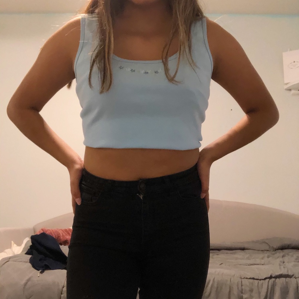 Light Blue Flower Embroidered Tank Top